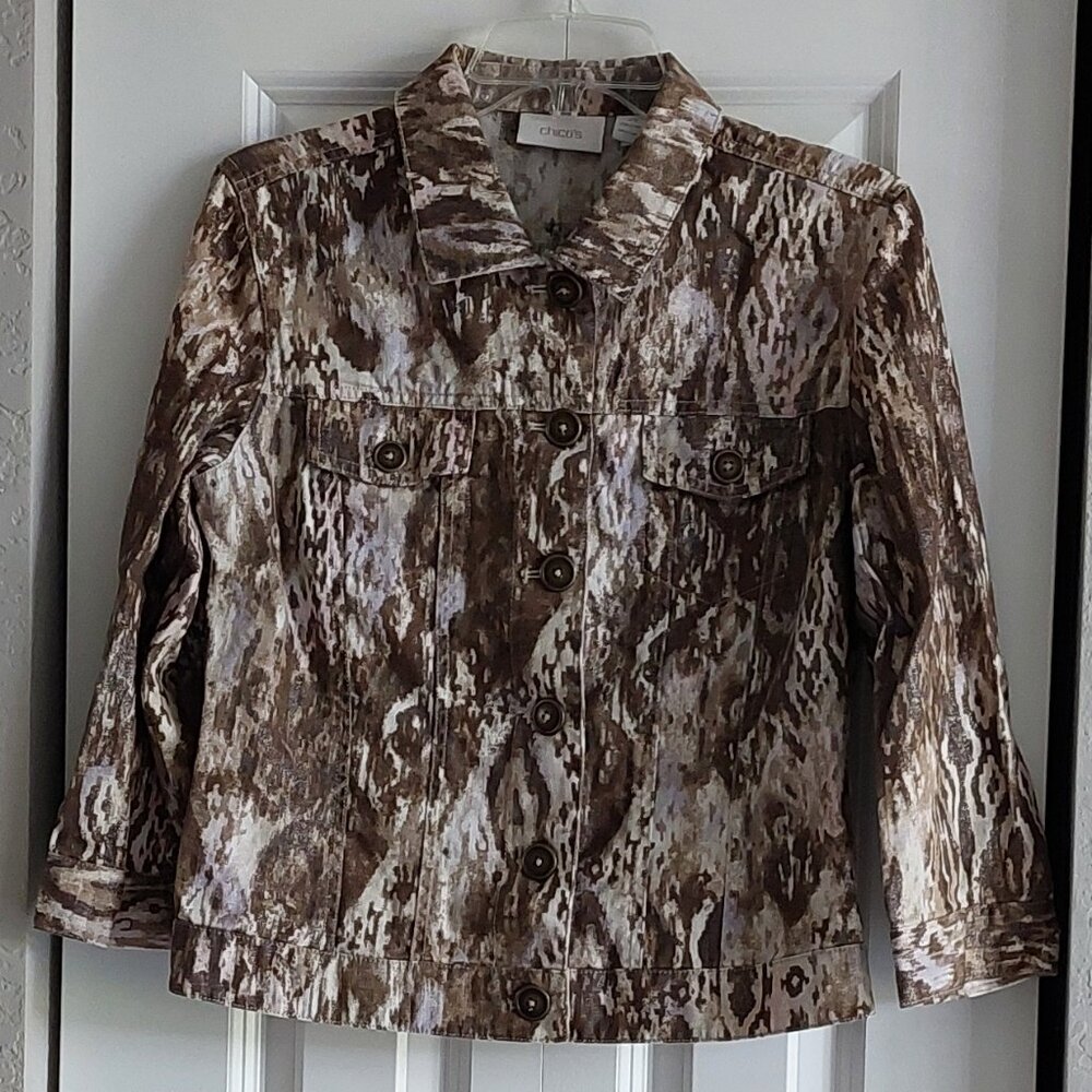 Chico's Gold Metallic Animal Print Button Down Jacket Women's Size -0-/XS